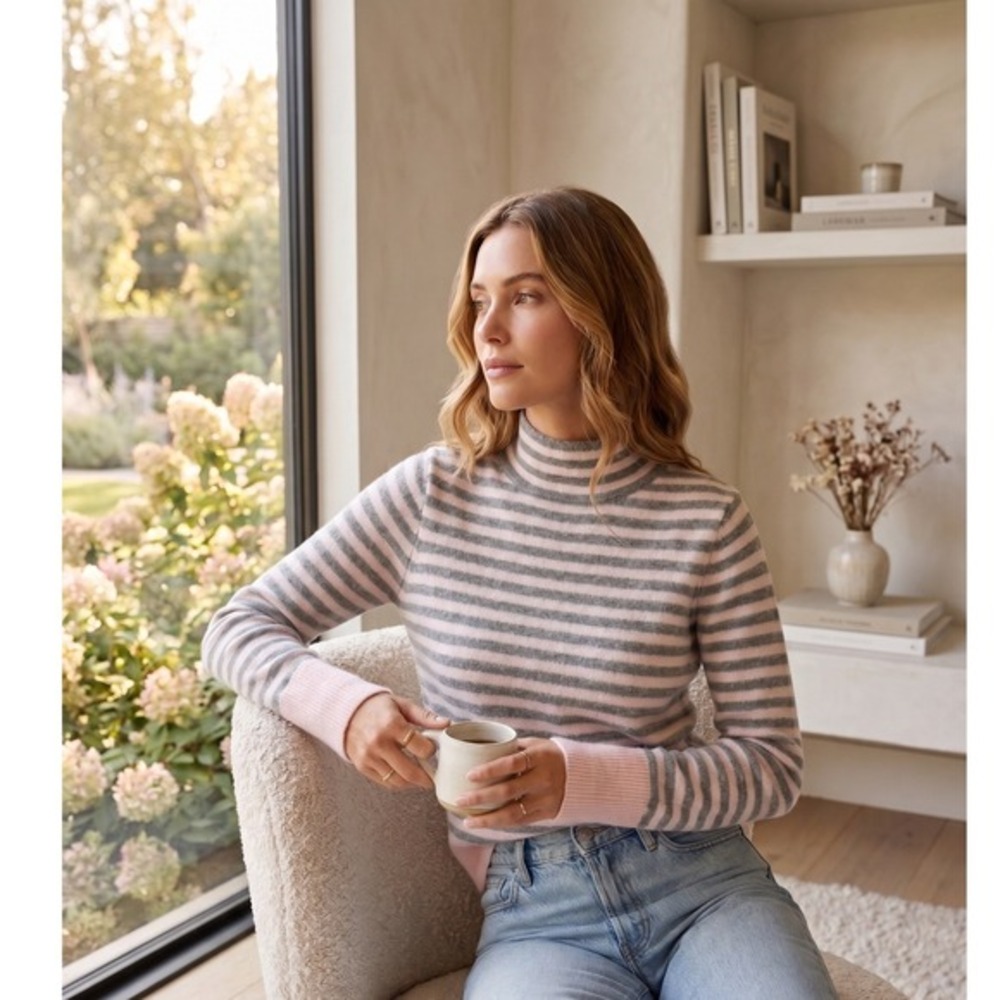 Tommy Hilfiger Womens Mock Neck Striped Sweater Pink Grey Size M Long Sleeve